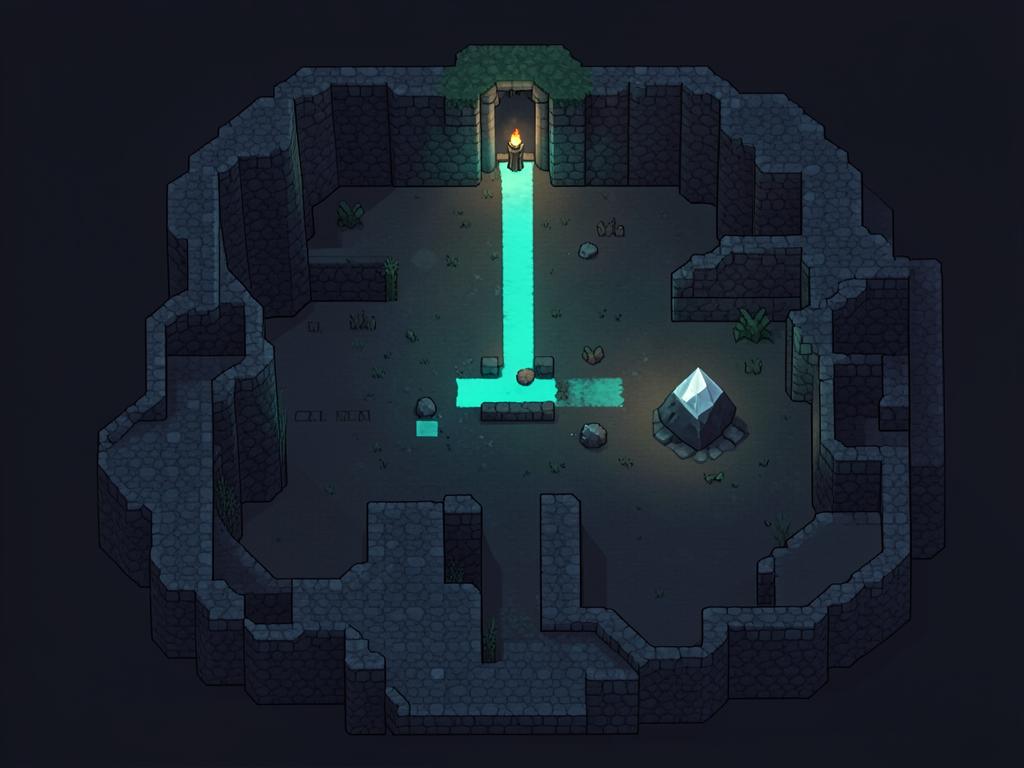 Overhead map of a Minecraft cave with a glowing path leading from a torch-lit entrance to a diamond ore block